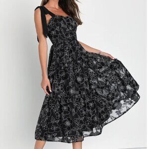 Lulus Proof of Perfection Black Floral Tiered Tie-Strap Midi Dress